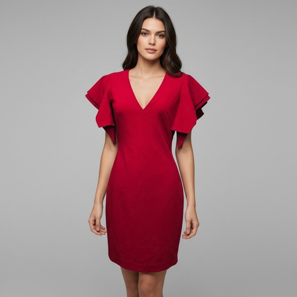 Black Halo Red V-Neck Ruffle Flutter Sleeve Sheath Dress Womens Size 6 Formal